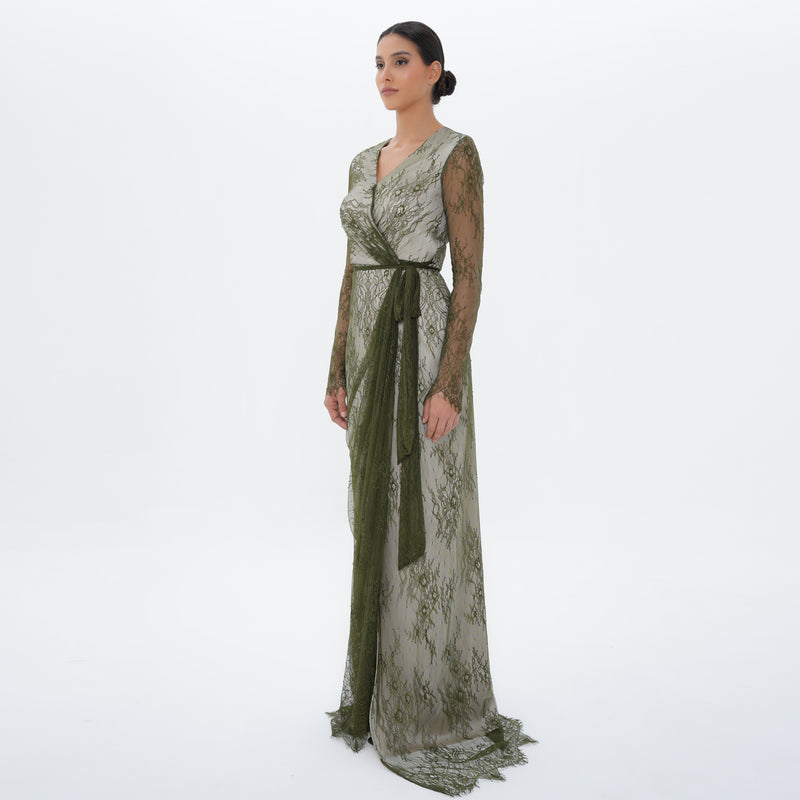 Athena Olive Lace Wrap Gown with Satin Sash, front view | Helen of Troy SS27 | Maison MOOEi
