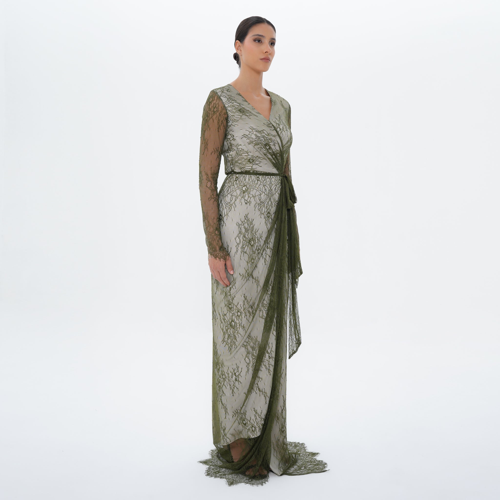 Athena Olive Lace Wrap Gown with Satin Sash, front view | Helen of Troy SS27 | Maison MOOEi