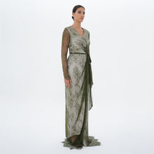 Athena Olive Lace Wrap Gown with Satin Sash, front view | Helen of Troy SS27 | Maison MOOEi