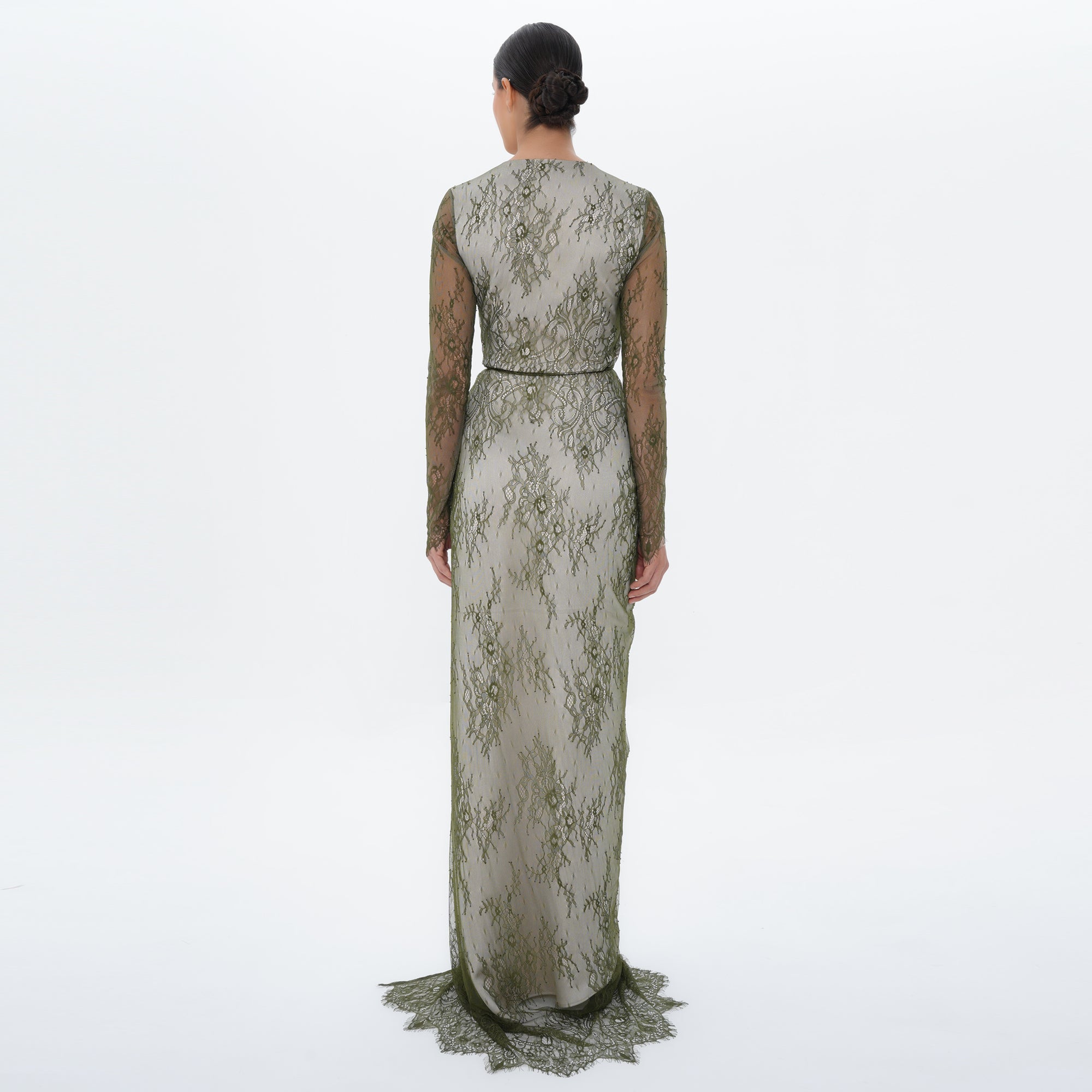 Athena Olive Lace Wrap Gown with Satin Sash, back view | Helen of Troy SS27 | Maison MOOEi
