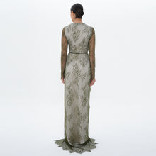 Athena Olive Lace Wrap Gown with Satin Sash, back view | Helen of Troy SS27 | Maison MOOEi