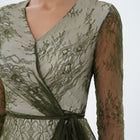 Athena Olive Lace Wrap Gown with Satin Sash, close up detail | Helen of Troy SS27 | Maison MOOEi