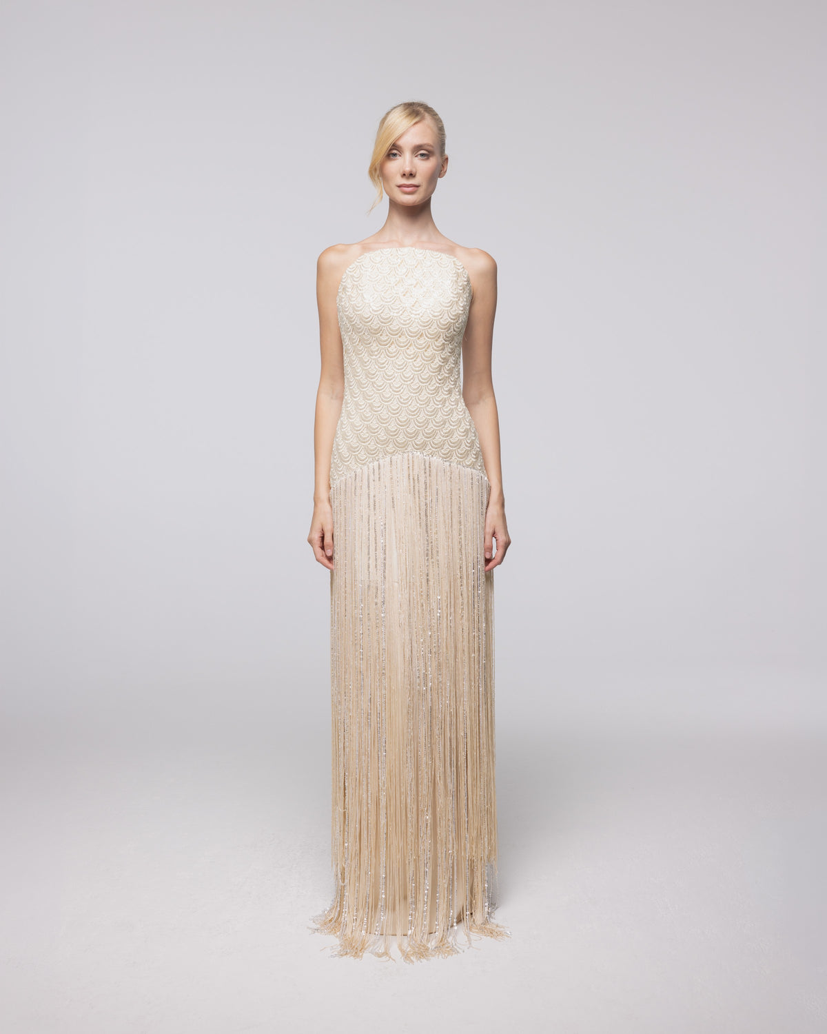 Pandora Champagne Beaded Fringe Gown