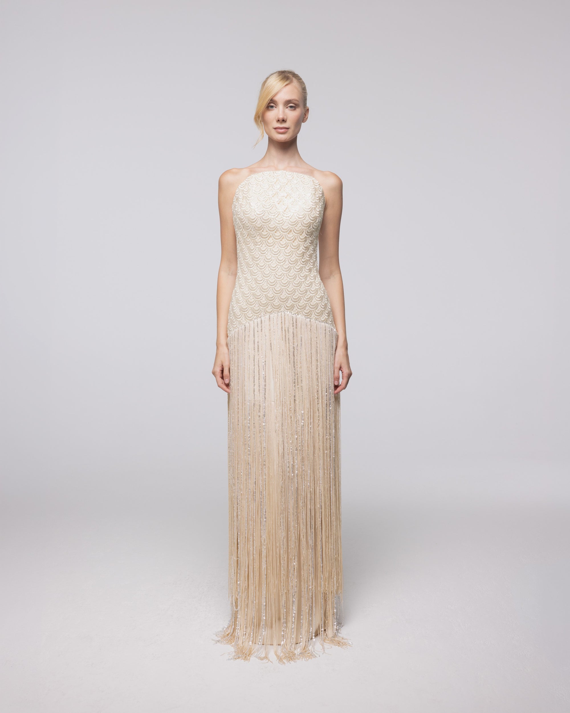 Aurelia Champagne Beaded Fringe Gown, front view | Helen of Troy SS27 | Maison MOOEi