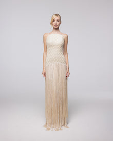 Aurelia Champagne Beaded Fringe Gown, front view | Helen of Troy SS27 | Maison MOOEi