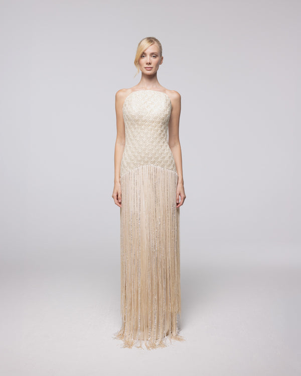 Pandora Champagne Beaded Fringe Gown, front view | Helen of Troy SS27 | Maison MOOEi