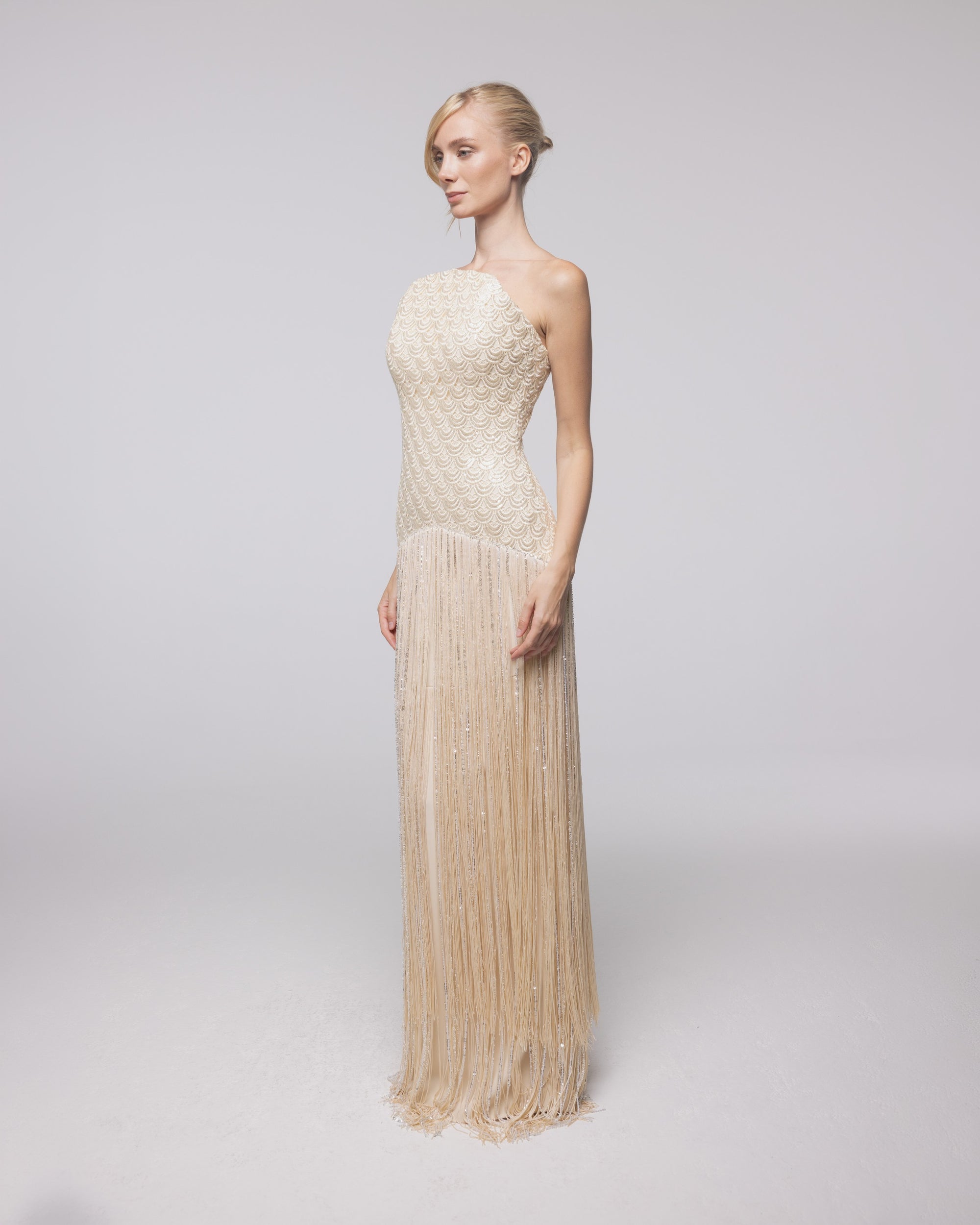 Aurelia Champagne Beaded Fringe Gown, front view | Helen of Troy SS27 | Maison MOOEi