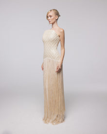 Aurelia Champagne Beaded Fringe Gown, front view | Helen of Troy SS27 | Maison MOOEi
