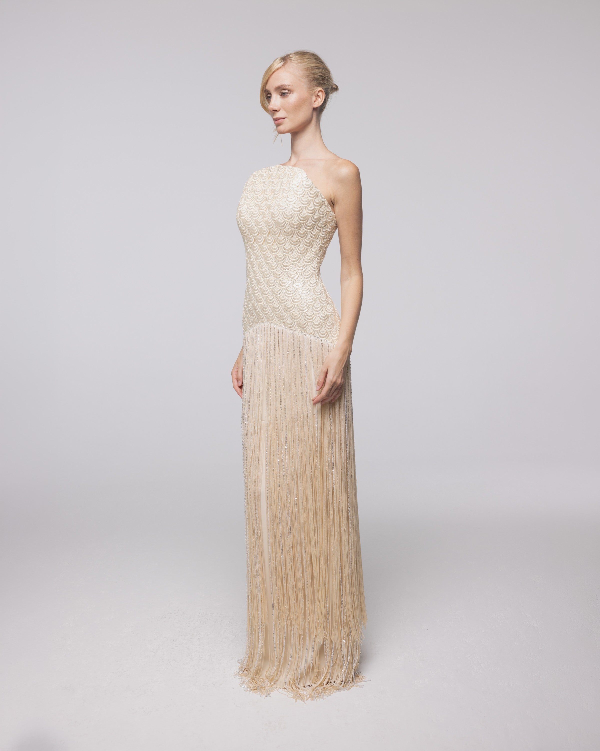 Aurelia Champagne Beaded Fringe Gown, front view | Helen of Troy SS27 | Maison MOOEi