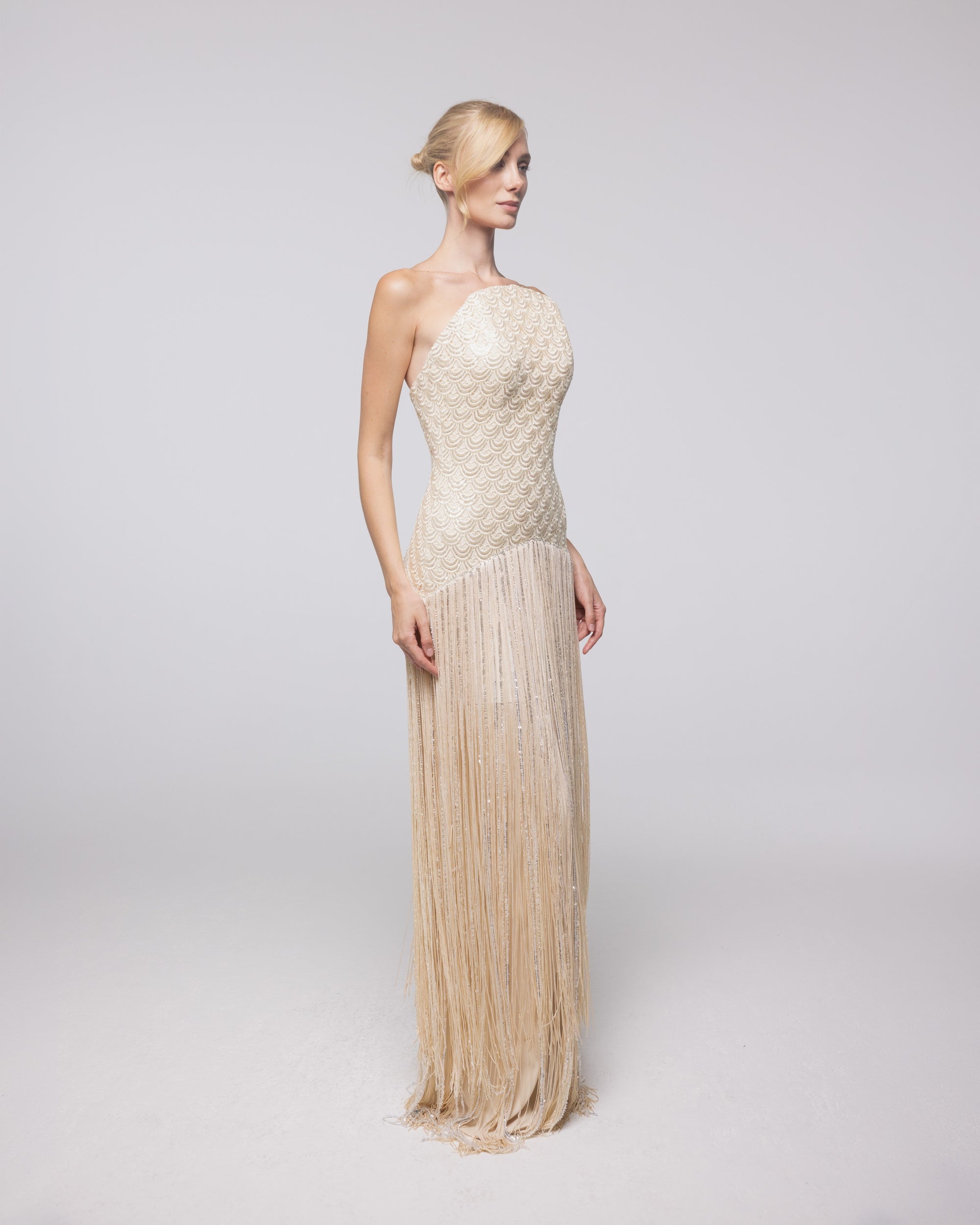 Aurelia Champagne Beaded Fringe Gown, front view | Helen of Troy SS27 | Maison MOOEi