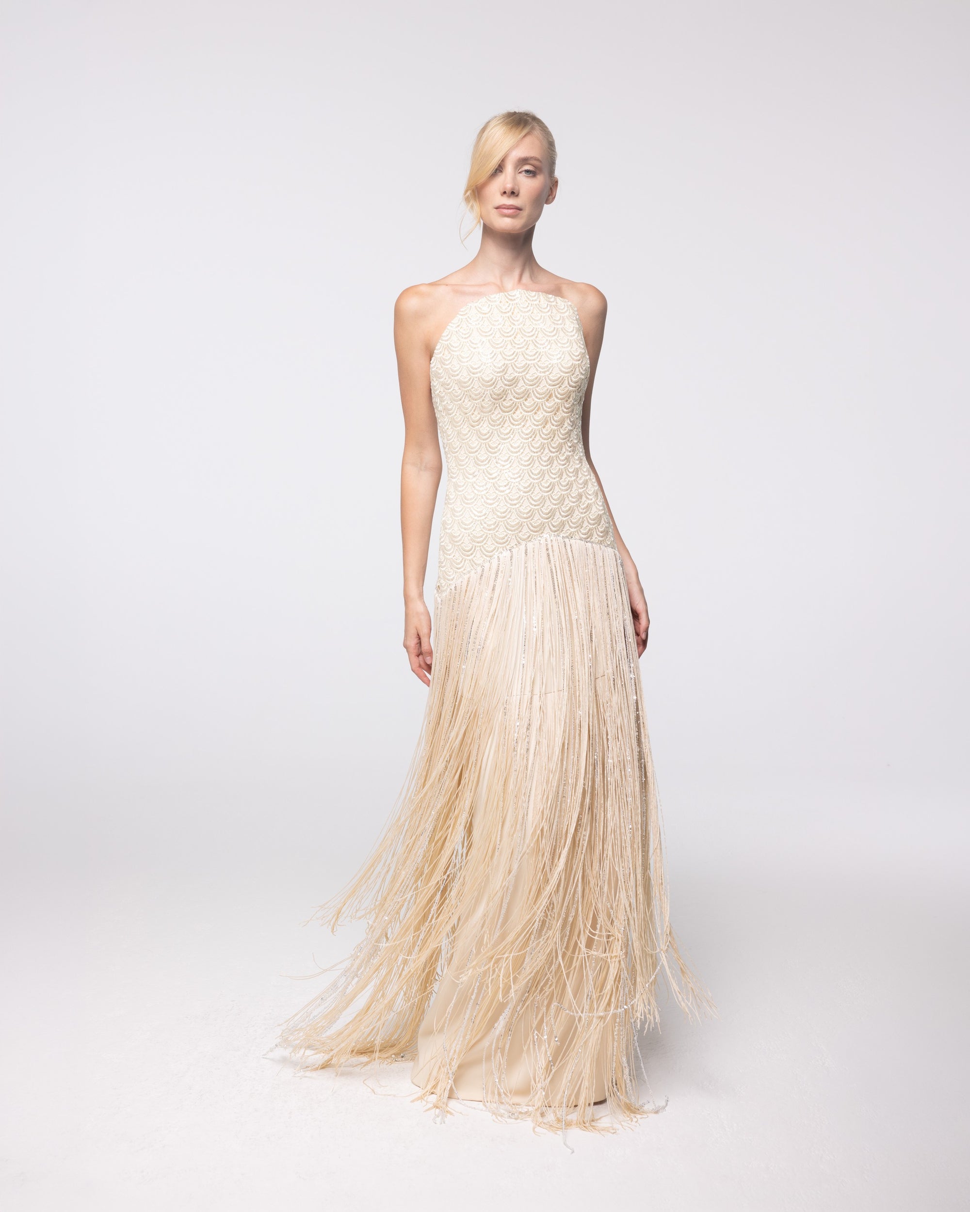 Aurelia Champagne Beaded Fringe Gown, front view | Helen of Troy SS27 | Maison MOOEi