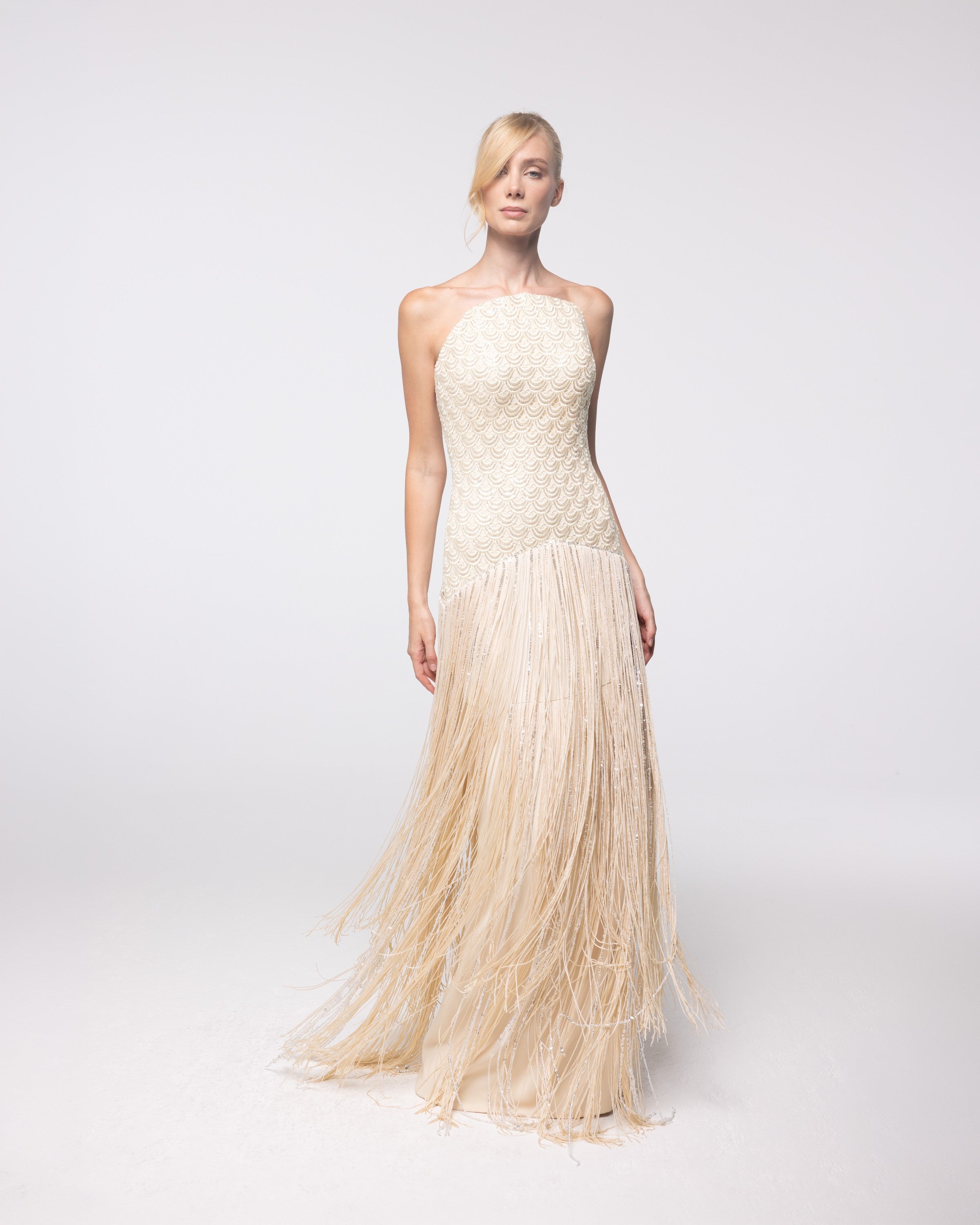 Aurelia Champagne Beaded Fringe Gown, front view | Helen of Troy SS27 | Maison MOOEi