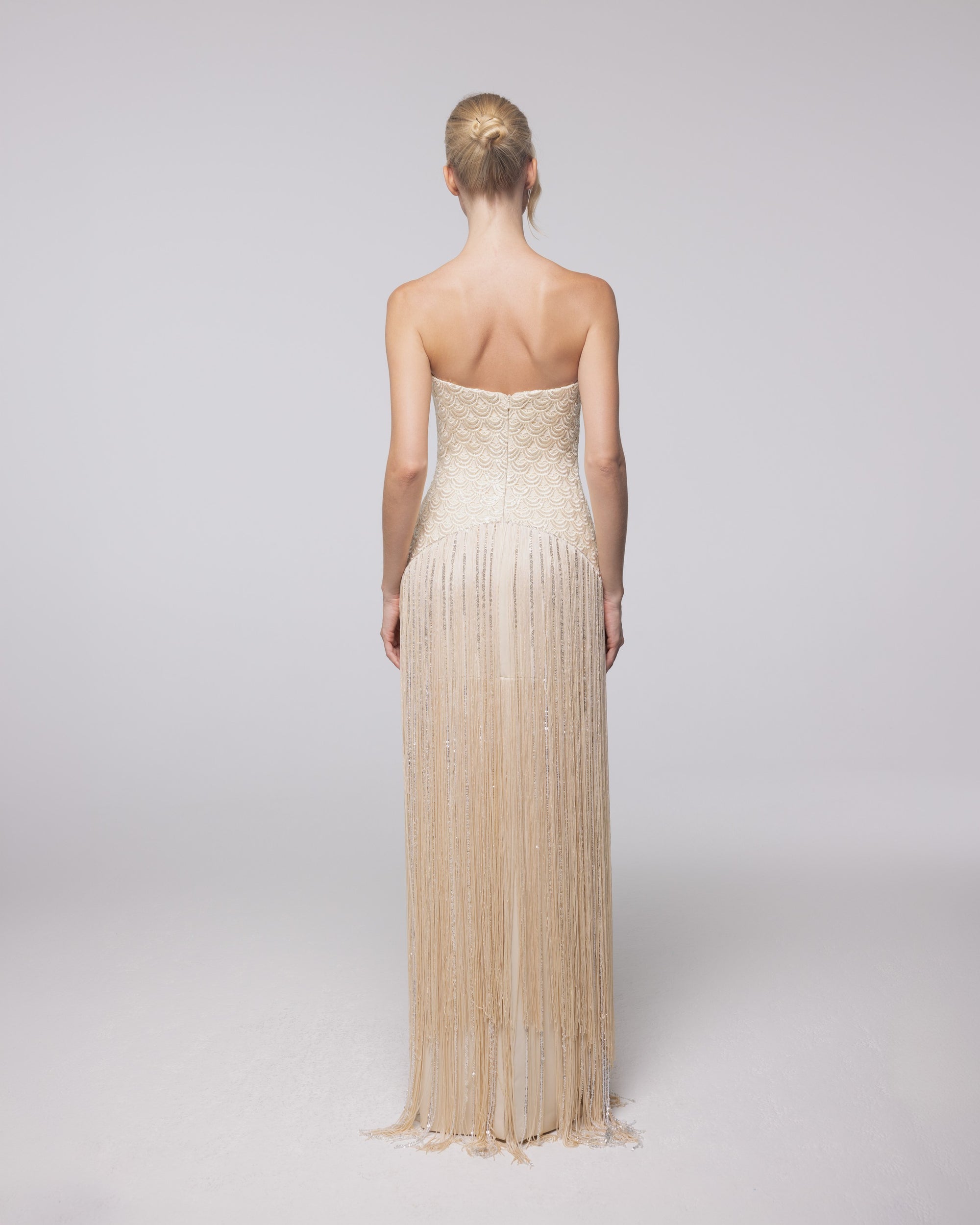 Aurelia Champagne Beaded Fringe Gown, back view | Helen of Troy SS27 | Maison MOOEi