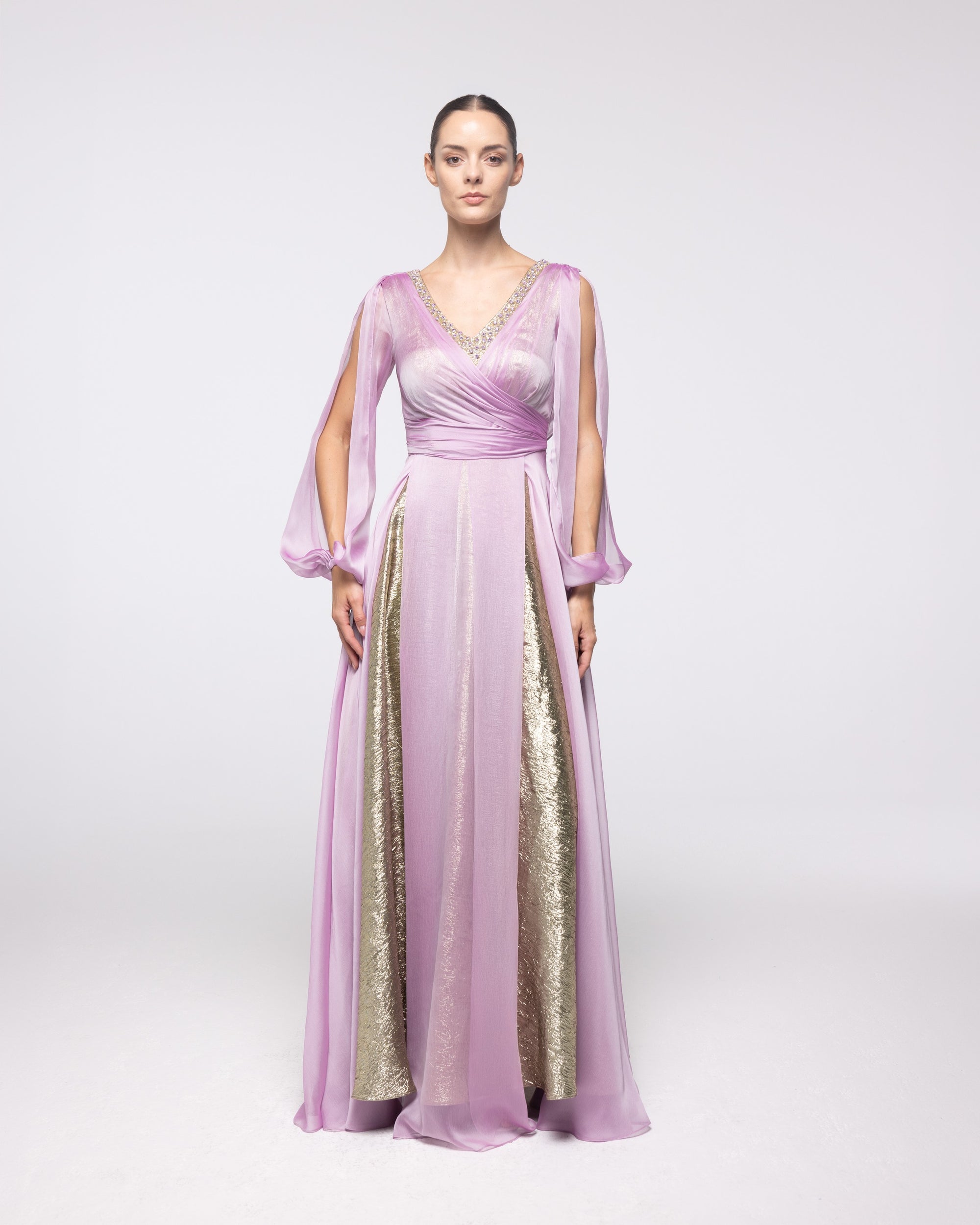 Semele Lilac Chiffon Gold Brocade Gown, front view | Helen of Troy SS27 | Maison MOOEi