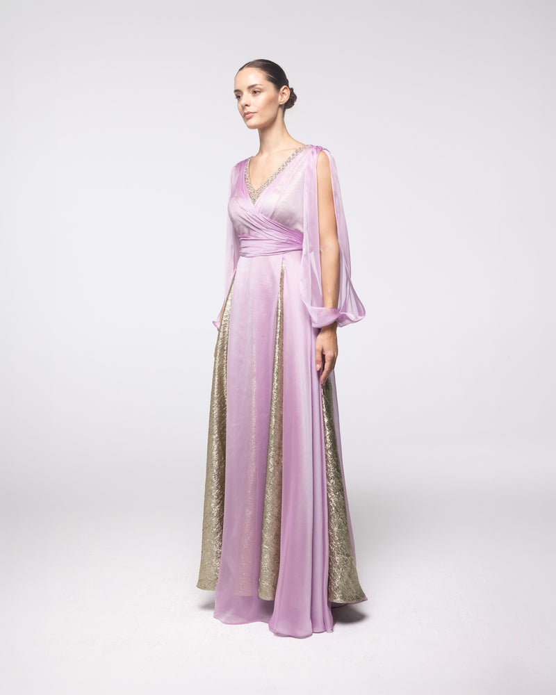 Semele Lilac Chiffon Gold Brocade Gown, front view | Helen of Troy SS27 | Maison MOOEi