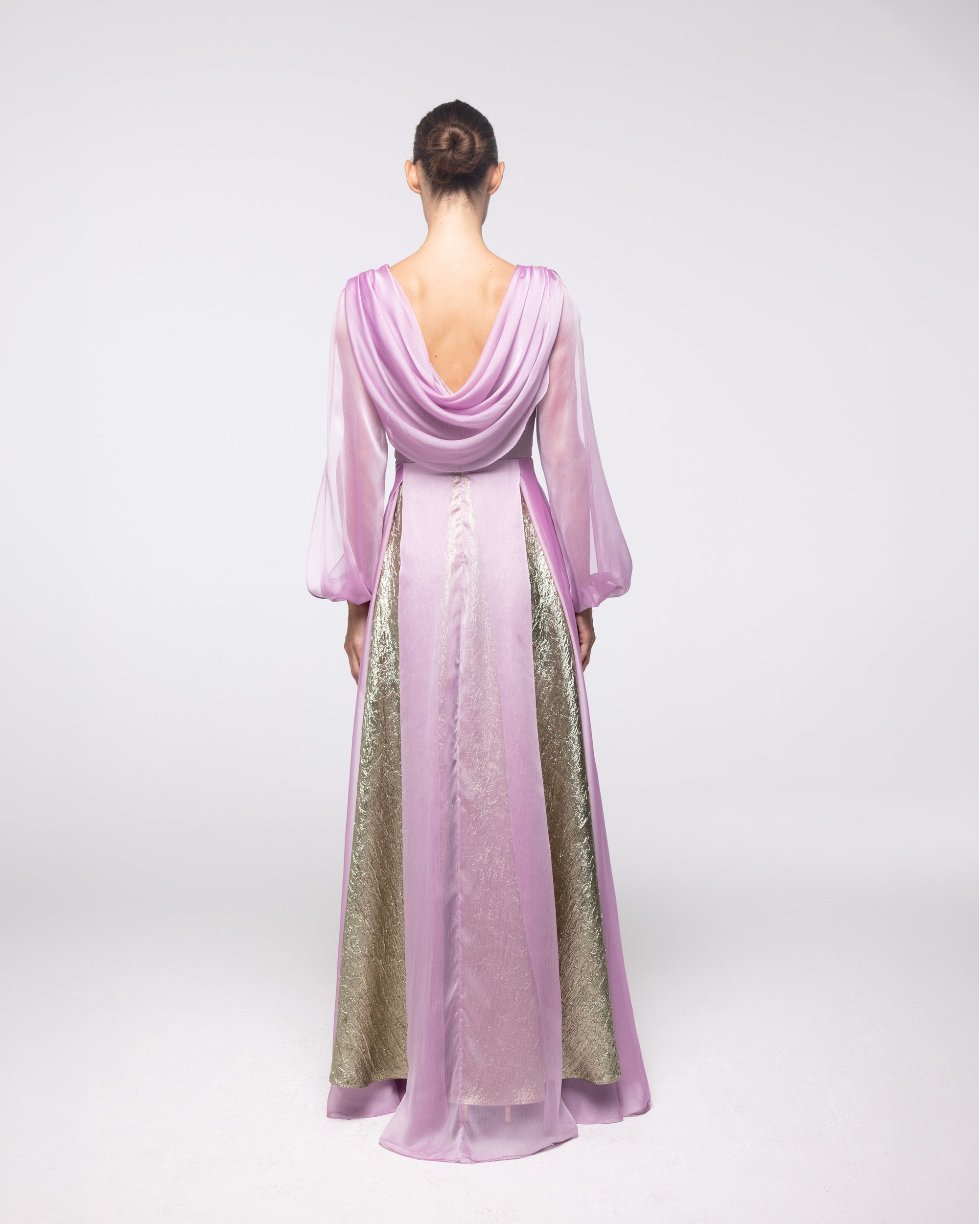 Semele Lilac Chiffon Gold Brocade Gown, back view | Helen of Troy SS27 | Maison MOOEi