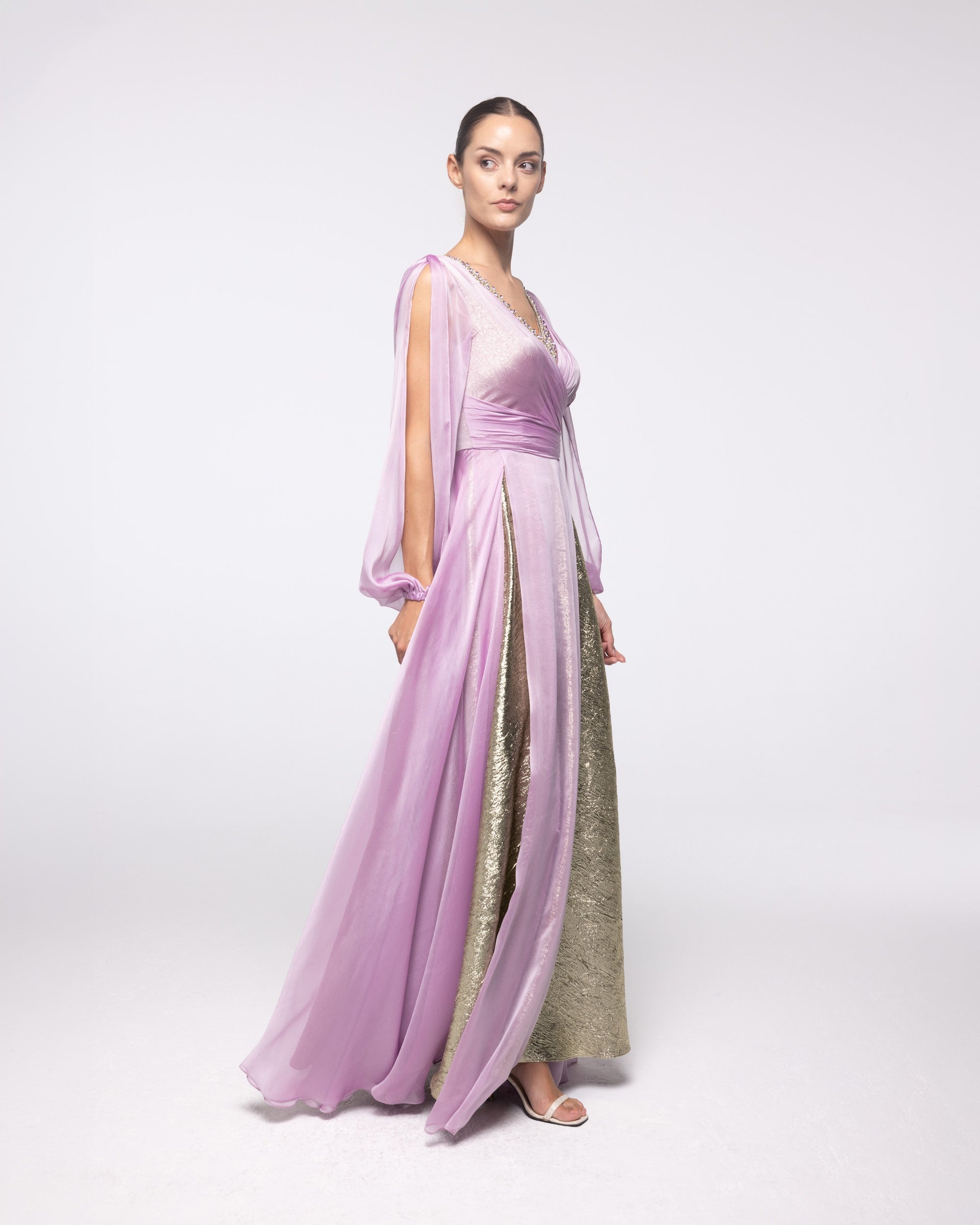 Semele Lilac Chiffon Gold Brocade Gown, close up detail | Helen of Troy SS27 | Maison MOOEi