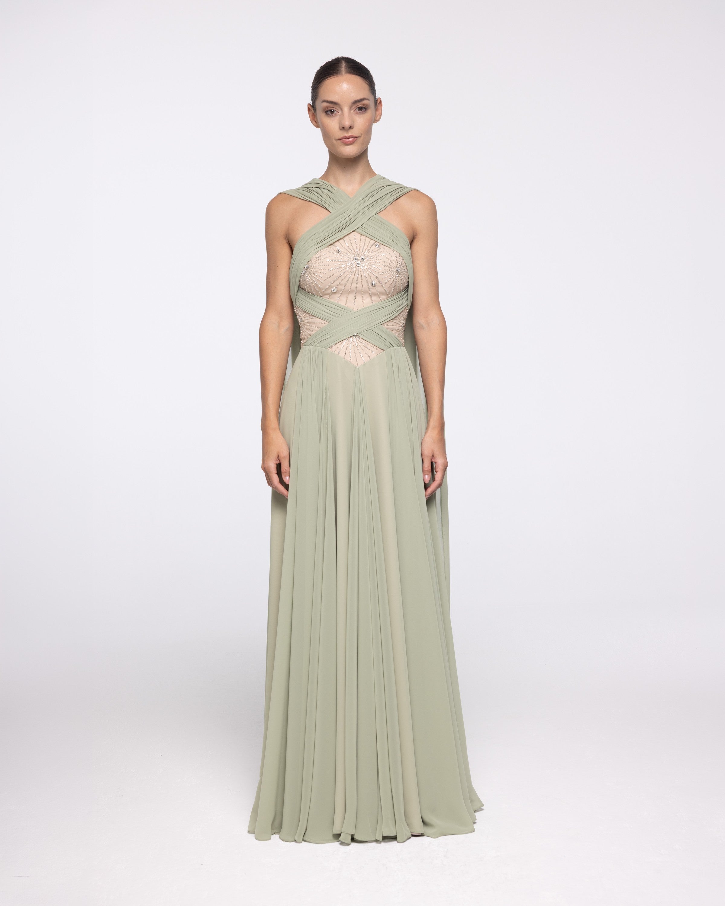 Atlanta Sage Green Crystal Halter Gown, front view | Helen of Troy SS27 | Maison MOOEi