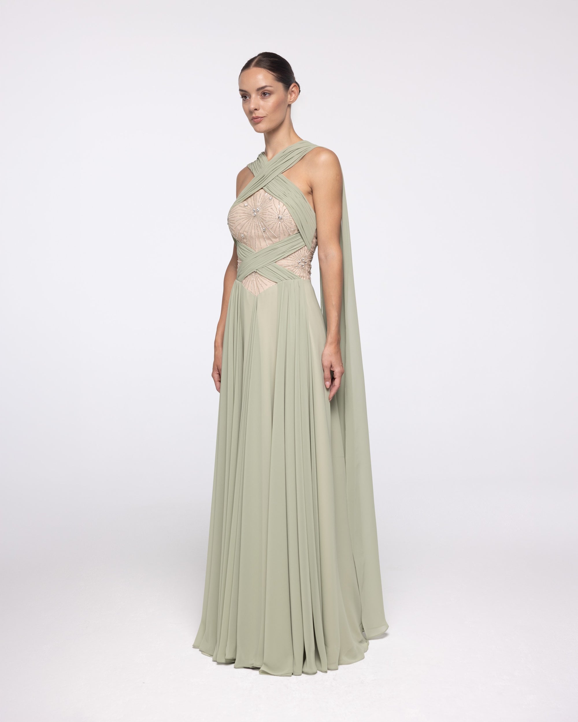 Atlanta Sage Green Crystal Halter Gown, front view | Helen of Troy SS27 | Maison MOOEi