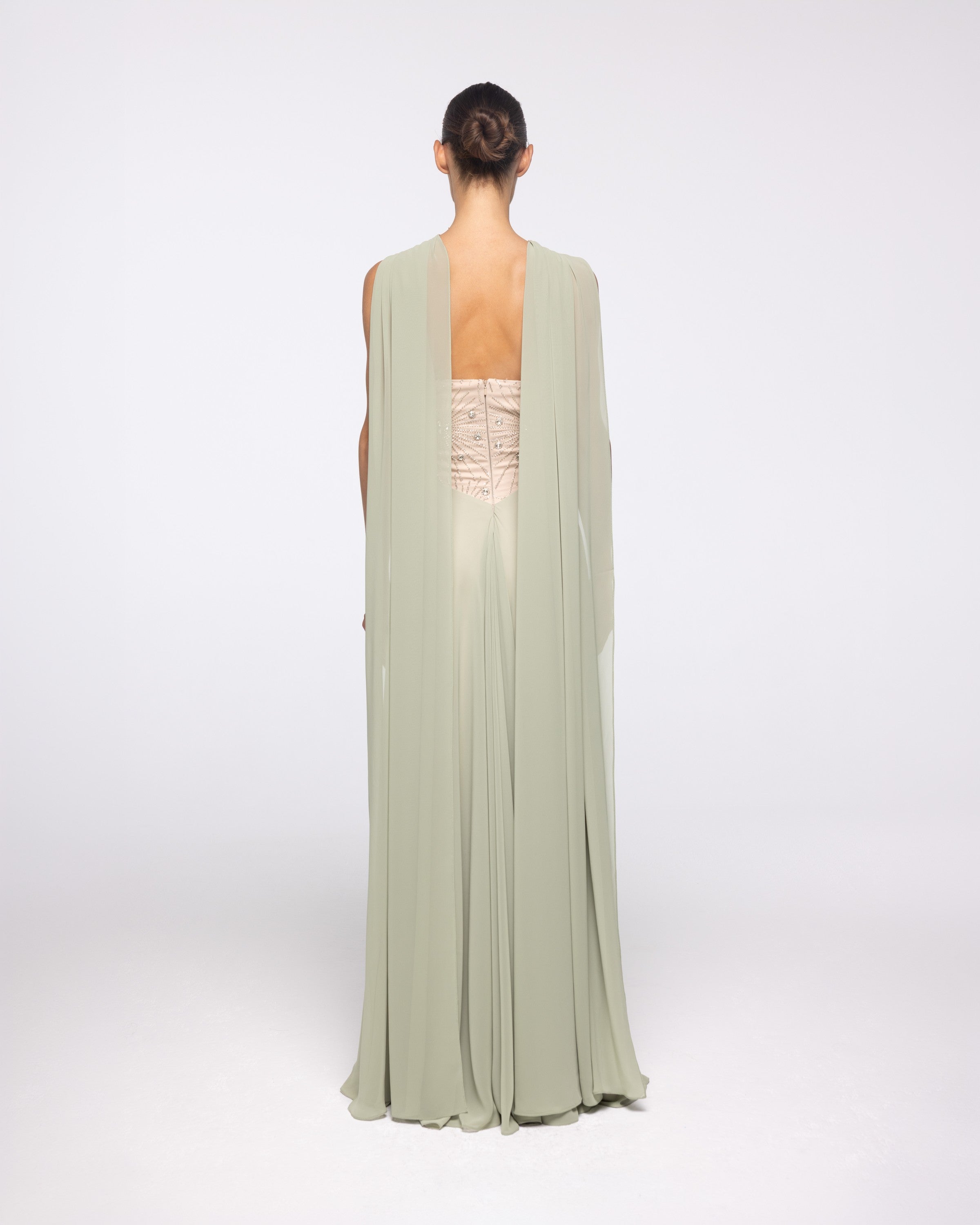Atlanta Sage Green Crystal Halter Gown, back view | Helen of Troy SS27 | Maison MOOEi