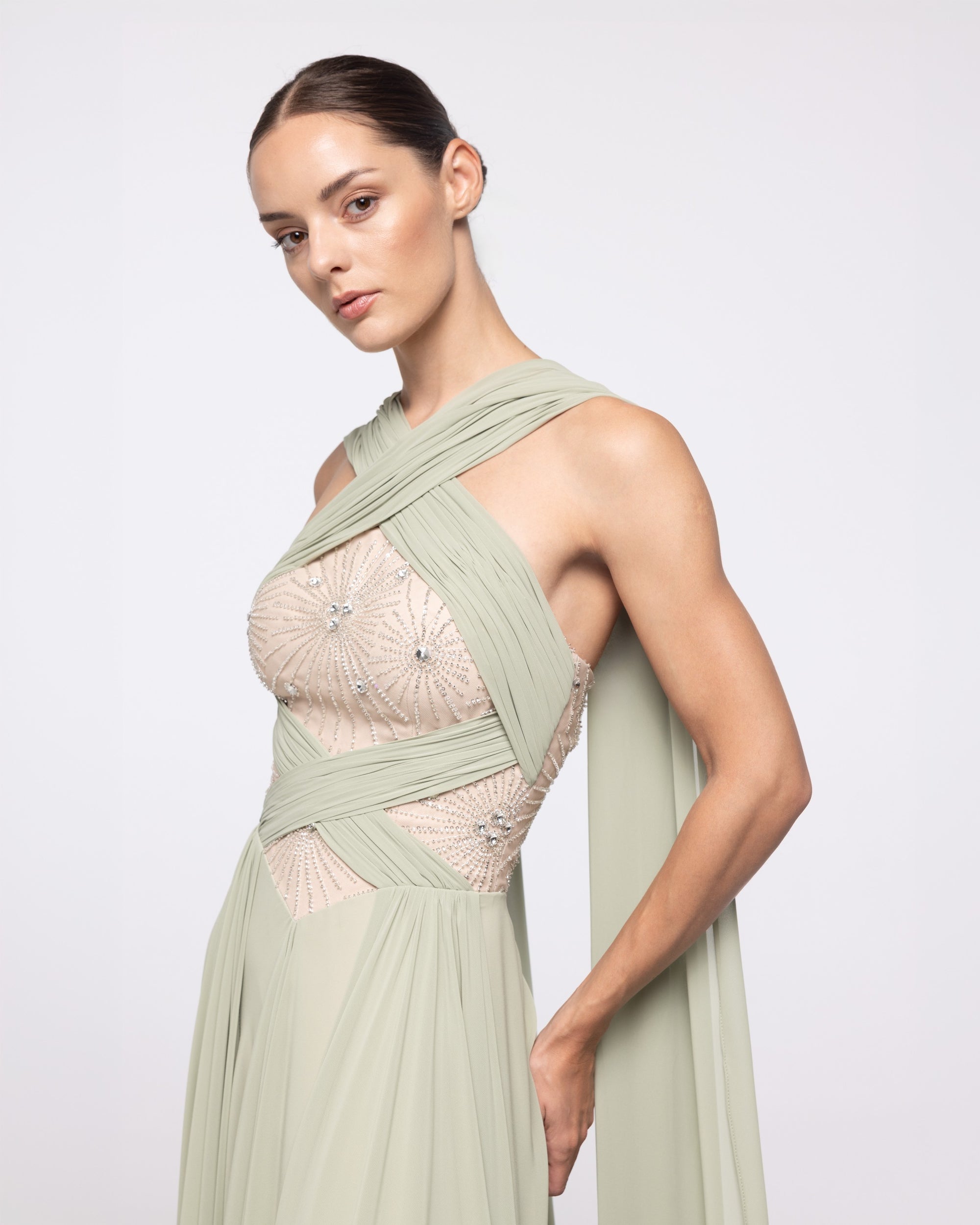Atlanta Sage Green Crystal Halter Gown, close up detail | Helen of Troy SS27 | Maison MOOEi