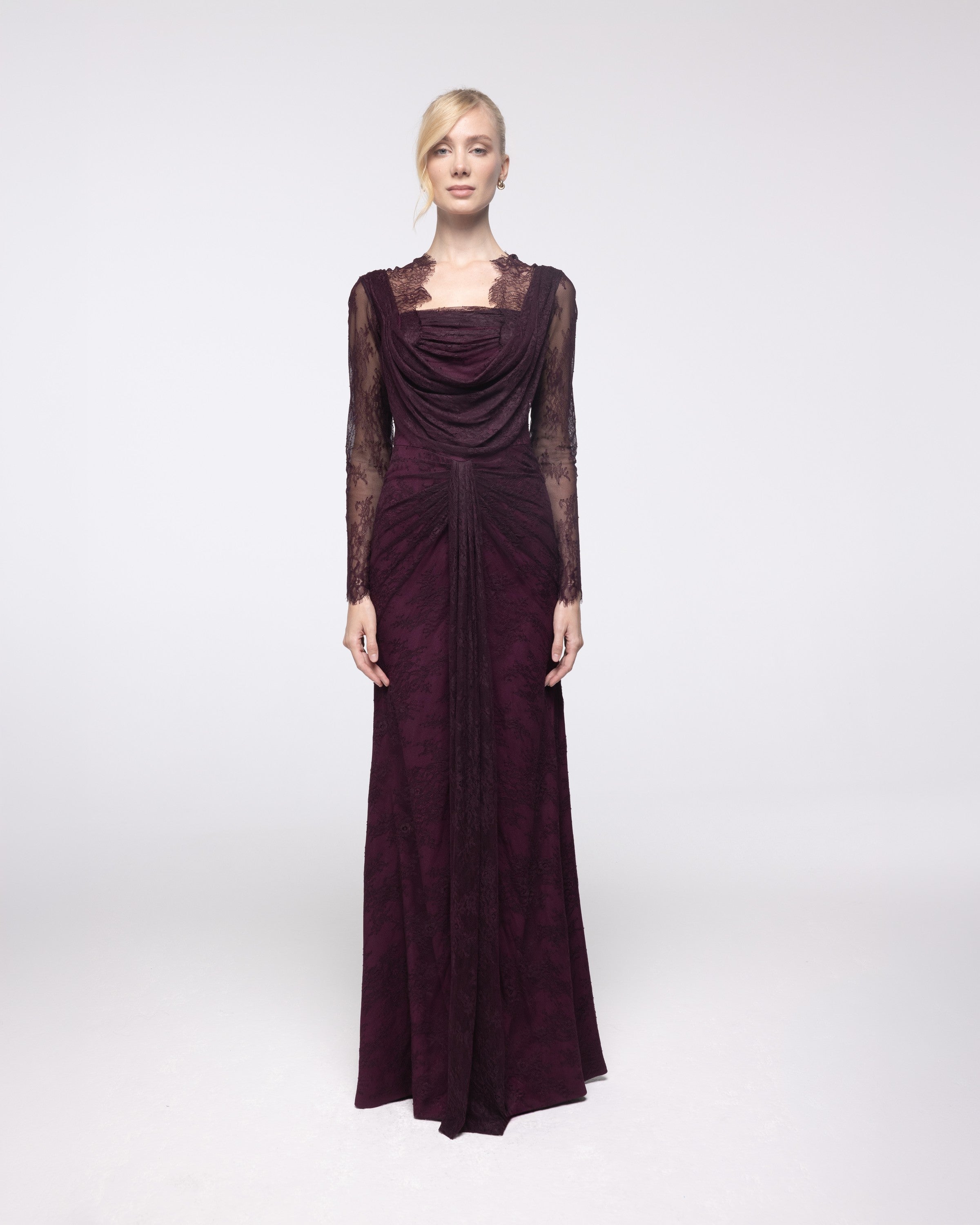Nemesis Aubergine Lace Hooded Cowl Gown, front view | Helen of Troy SS27 | Maison MOOEi