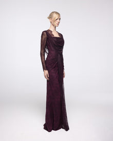 Nemesis Aubergine Lace Hooded Cowl Gown, front view | Helen of Troy SS27 | Maison MOOEi
