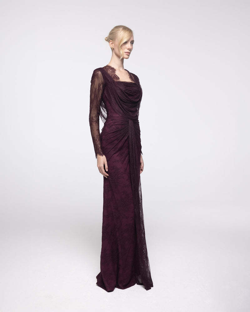 Nemesis Aubergine Lace Hooded Cowl Gown, front view | Helen of Troy SS27 | Maison MOOEi