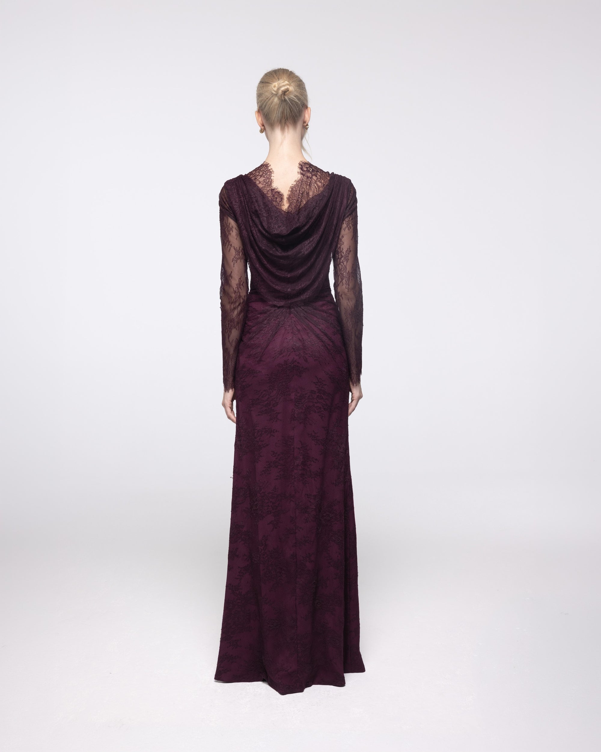 Nemesis Aubergine Lace Hooded Cowl Gown, back view | Helen of Troy SS27 | Maison MOOEi