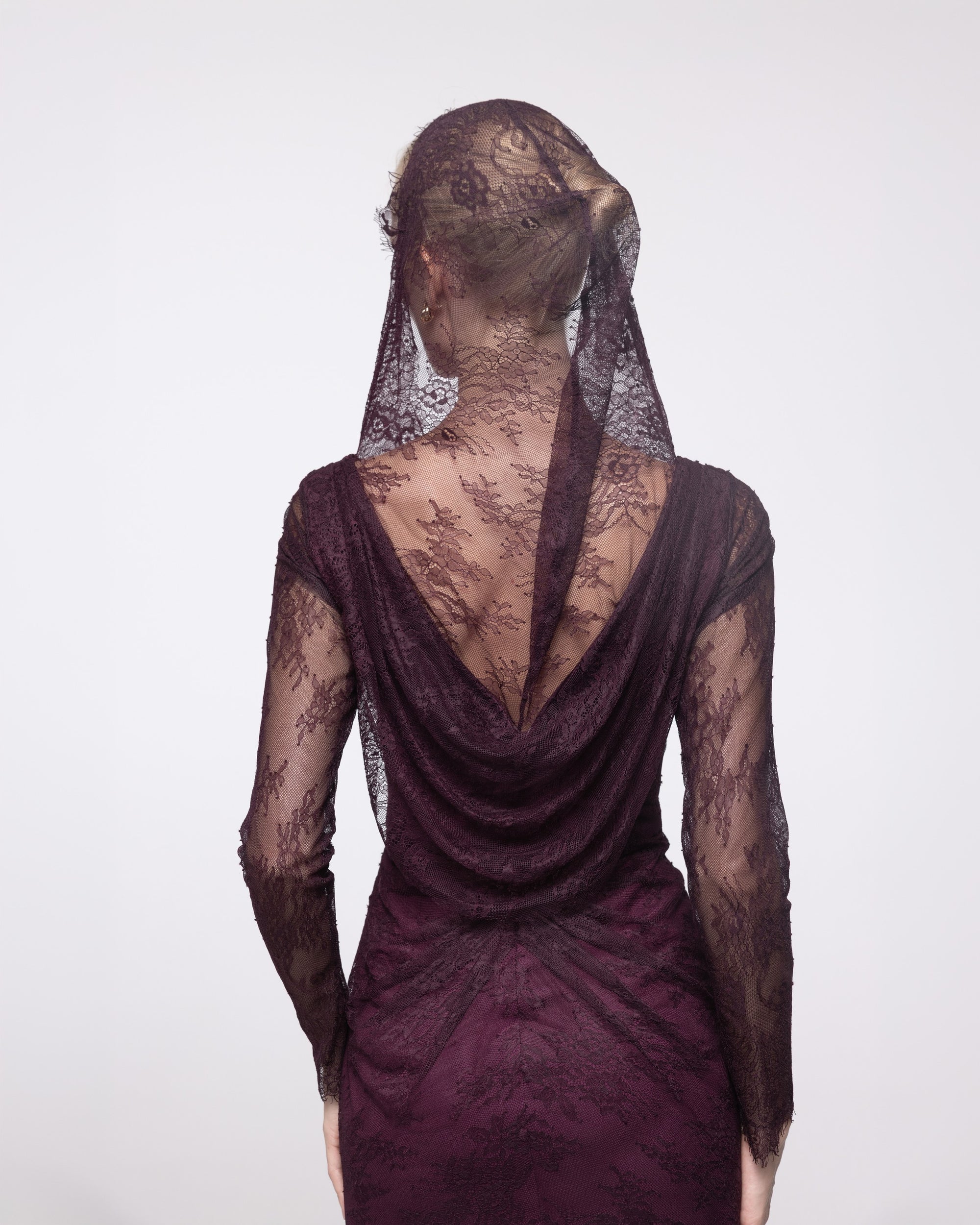 Nemesis Aubergine Lace Hooded Cowl Gown, back view | Helen of Troy SS27 | Maison MOOEi