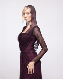 Nemesis Aubergine Lace Hooded Cowl Gown, close up detail | Helen of Troy SS27 | Maison MOOEi