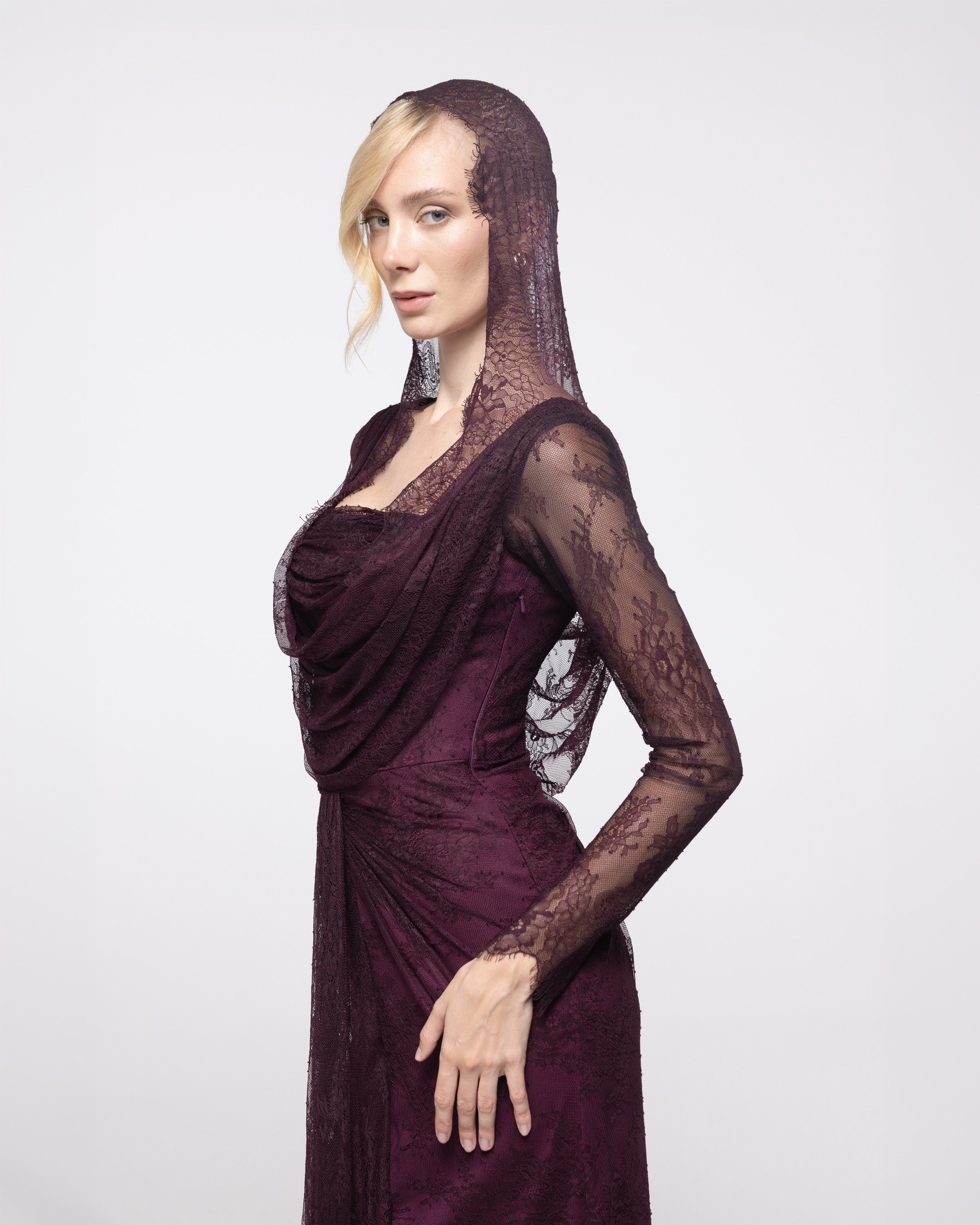 Nemesis Aubergine Lace Hooded Cowl Gown, close up detail | Helen of Troy SS27 | Maison MOOEi