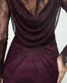 Nemesis Aubergine Lace Hooded Cowl Gown, close up detail | Helen of Troy SS27 | Maison MOOEi