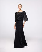 Crown Black Crepe Lace Capelet Gown, front view | Helen of Troy SS27 | Maison MOOEi