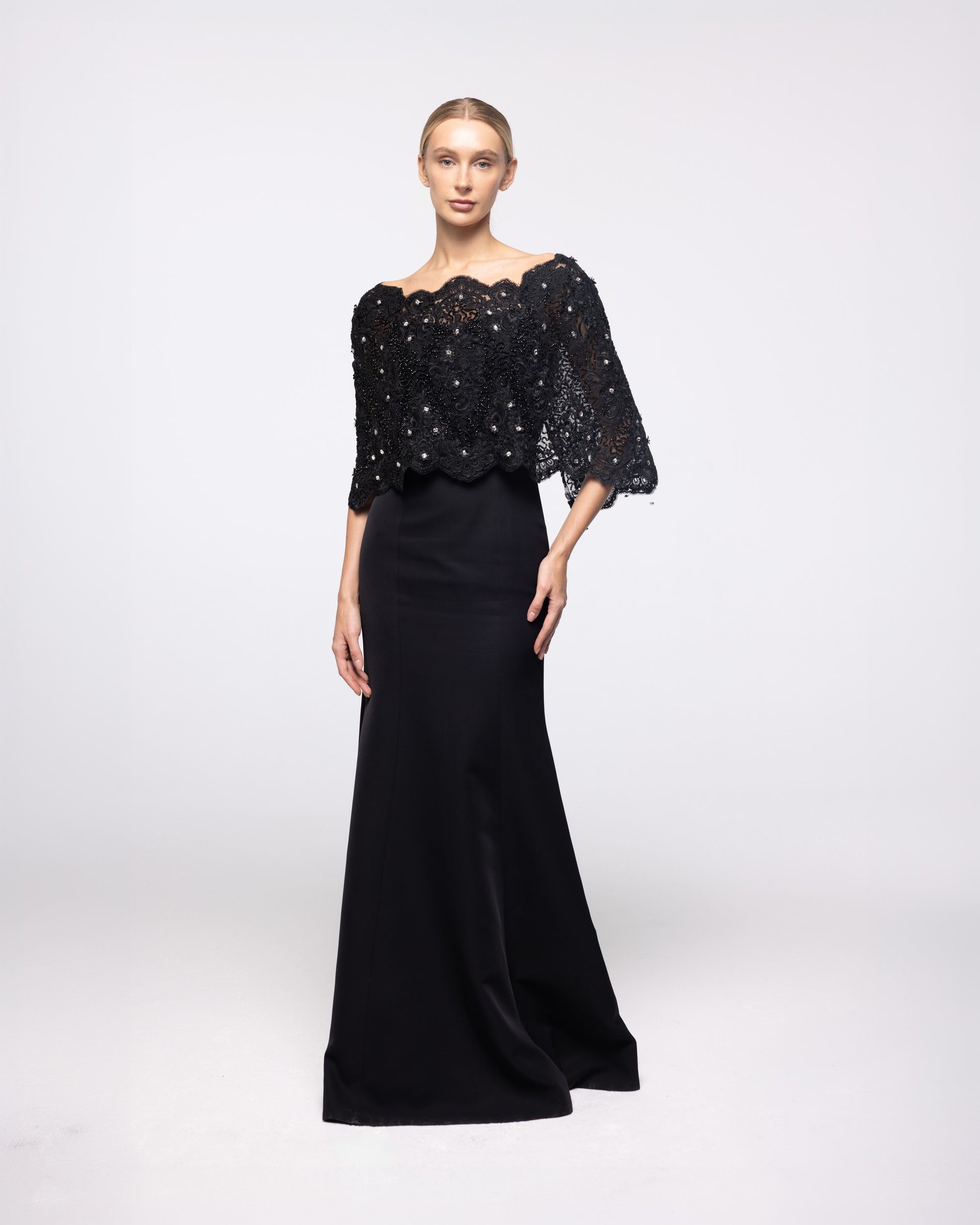 Crown Black Crepe Lace Capelet Gown, front view | Helen of Troy SS27 | Maison MOOEi