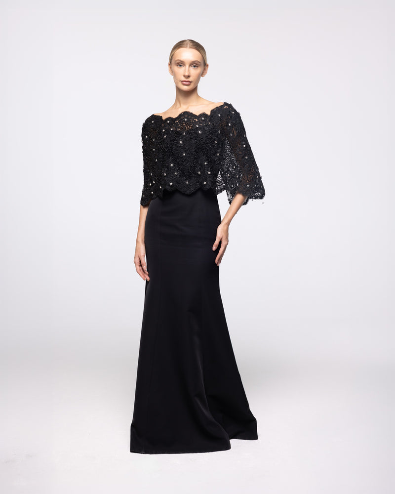 Eurydice Black Crepe Lace Capelet Gown, front view | Helen of Troy SS27 | Maison MOOEi