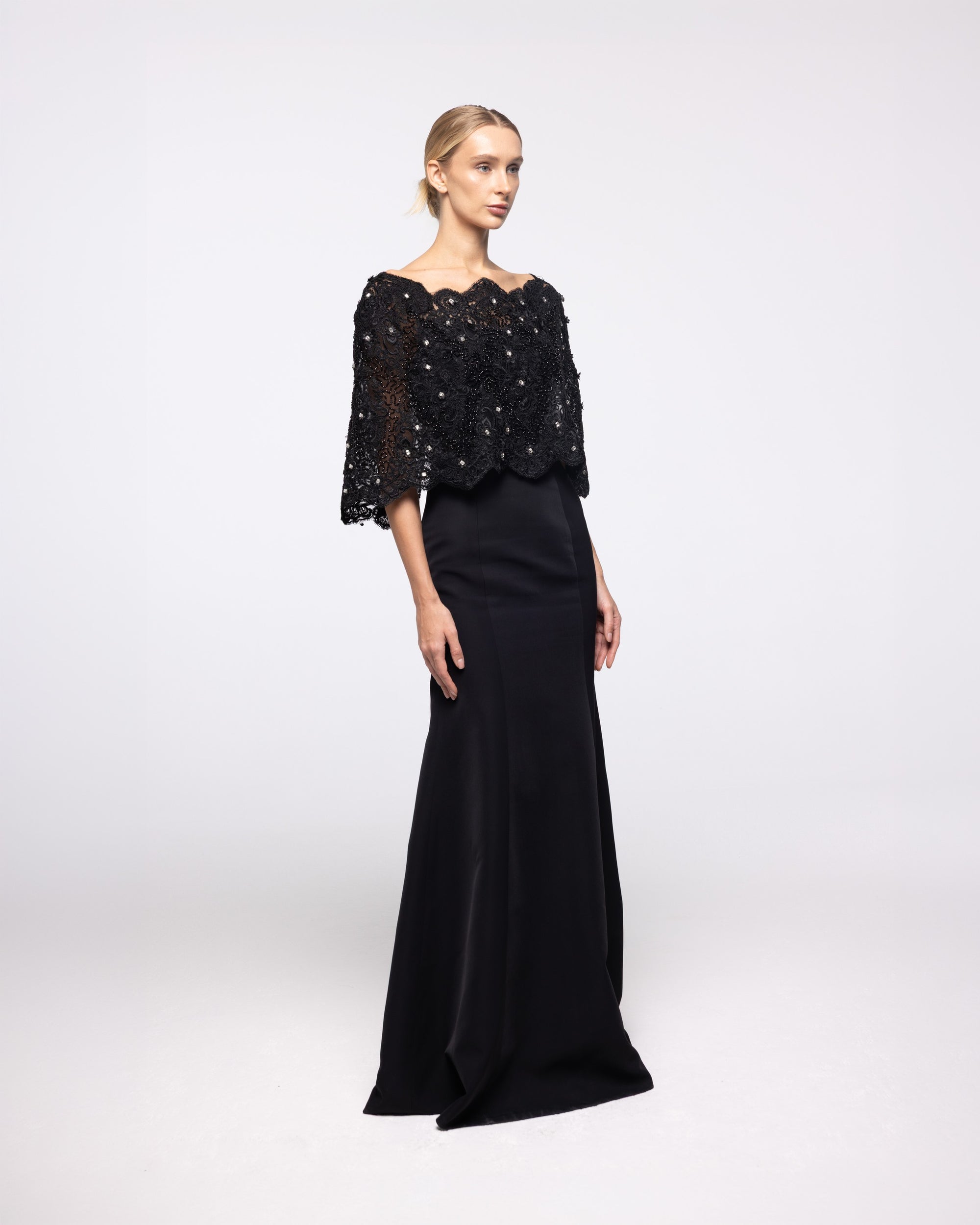 Crown Black Crepe Lace Capelet Gown, front view | Helen of Troy SS27 | Maison MOOEi