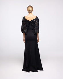 Crown Black Crepe Lace Capelet Gown, back view | Helen of Troy SS27 | Maison MOOEi