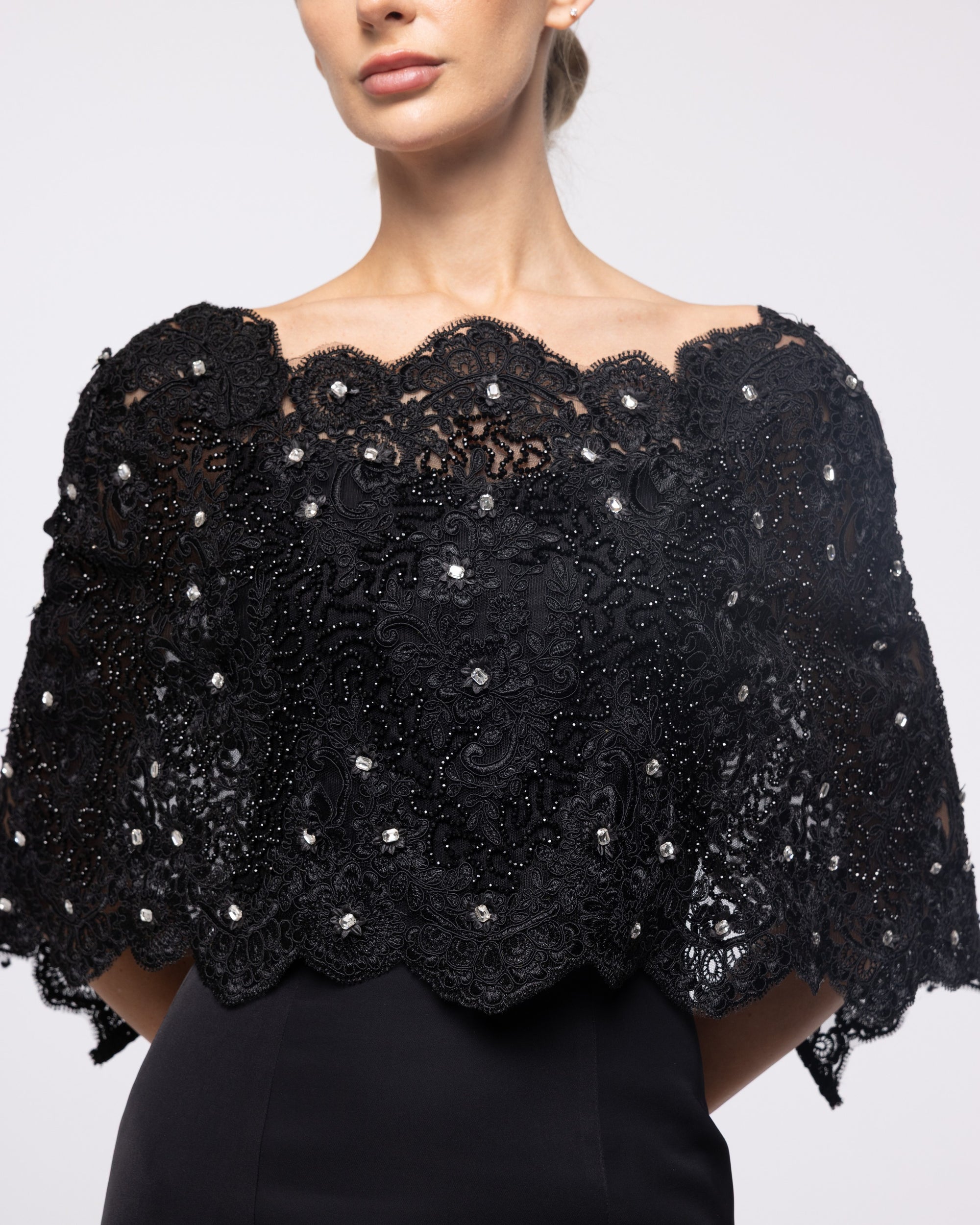 Crown Black Crepe Lace Capelet Gown, close up detail | Helen of Troy SS27 | Maison MOOEi