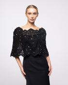 Crown Black Crepe Lace Capelet Gown, close up detail | Helen of Troy SS27 | Maison MOOEi