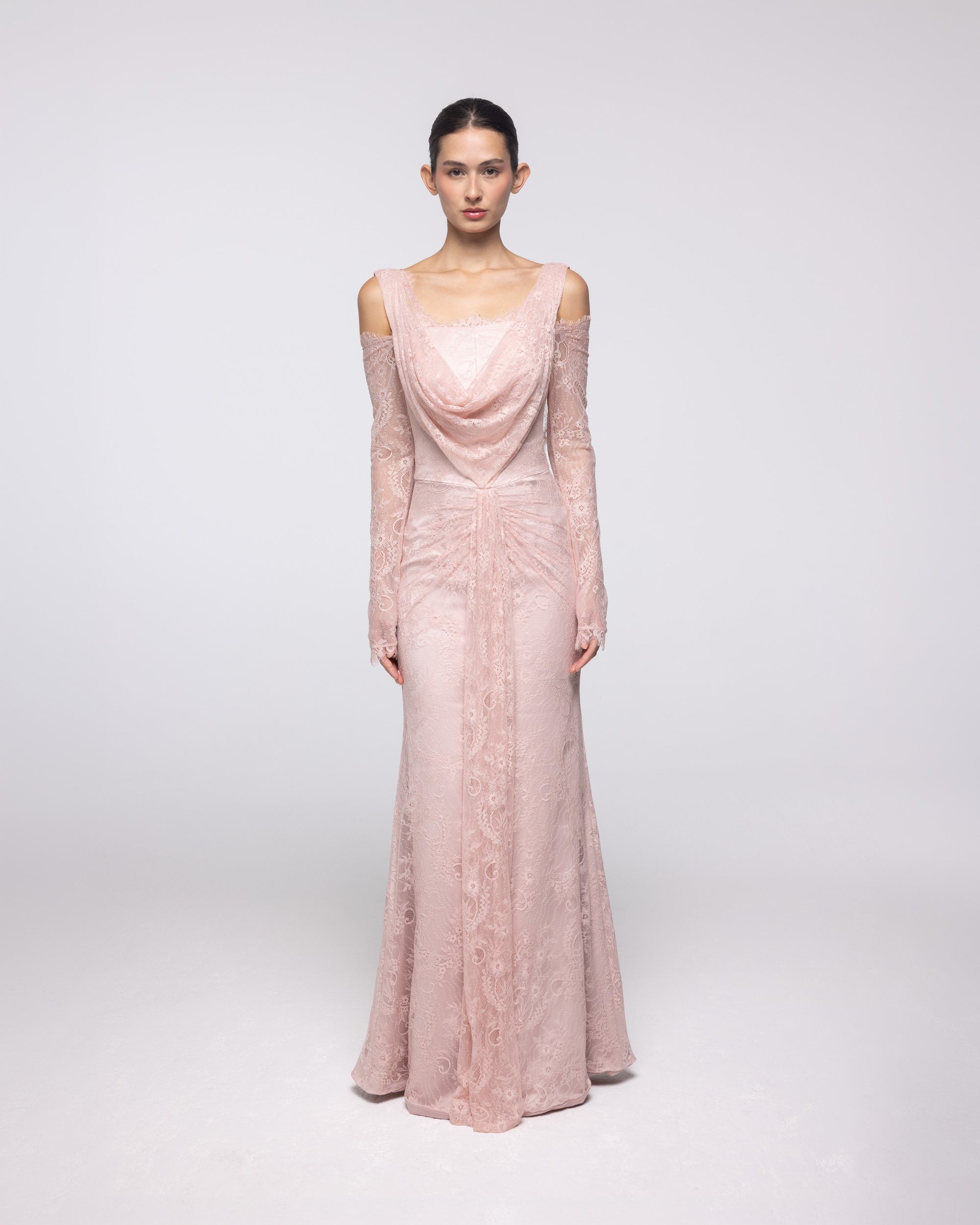 Gaia Blush Embroidered Lace Cowl Gown, front view | Helen of Troy SS27 | Maison MOOEi