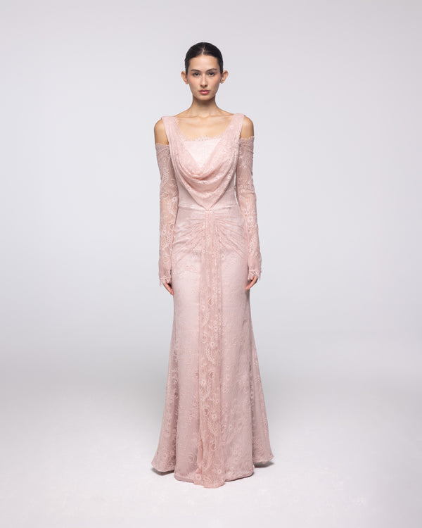 Gaia Blush Embroidered Lace Cowl Gown, front view | Helen of Troy SS27 | Maison MOOEi