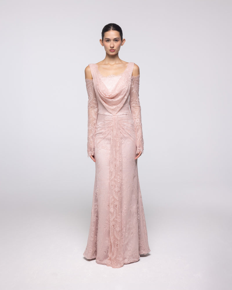 Gaia Blush Embroidered Lace Cowl Gown, front view | Helen of Troy SS27 | Maison MOOEi