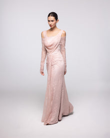 Gaia Blush Embroidered Lace Cowl Gown, front view | Helen of Troy SS27 | Maison MOOEi
