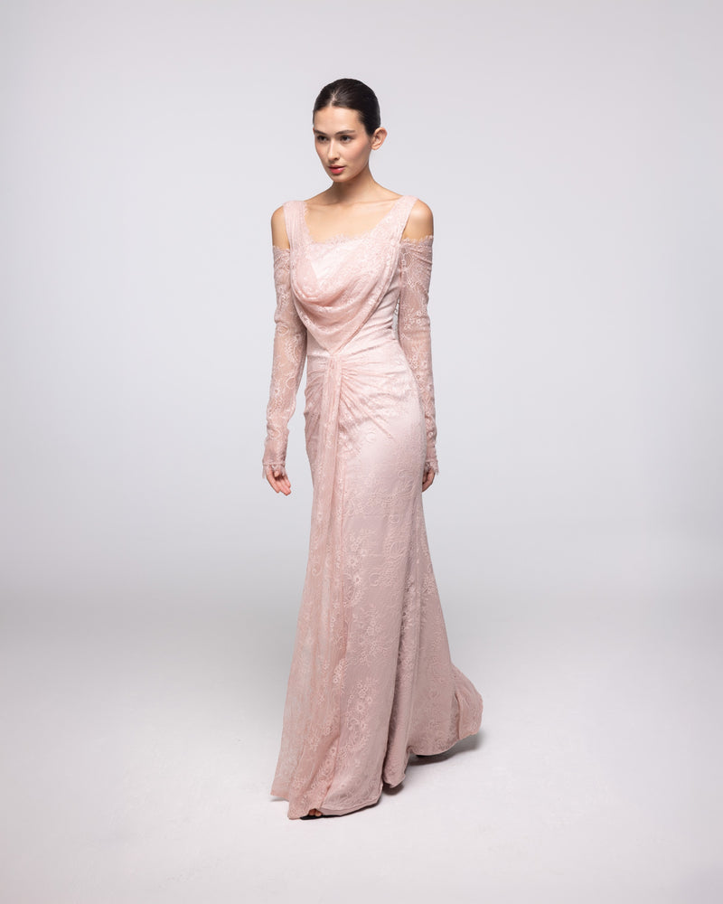 Gaia Blush Embroidered Lace Cowl Gown, front view | Helen of Troy SS27 | Maison MOOEi