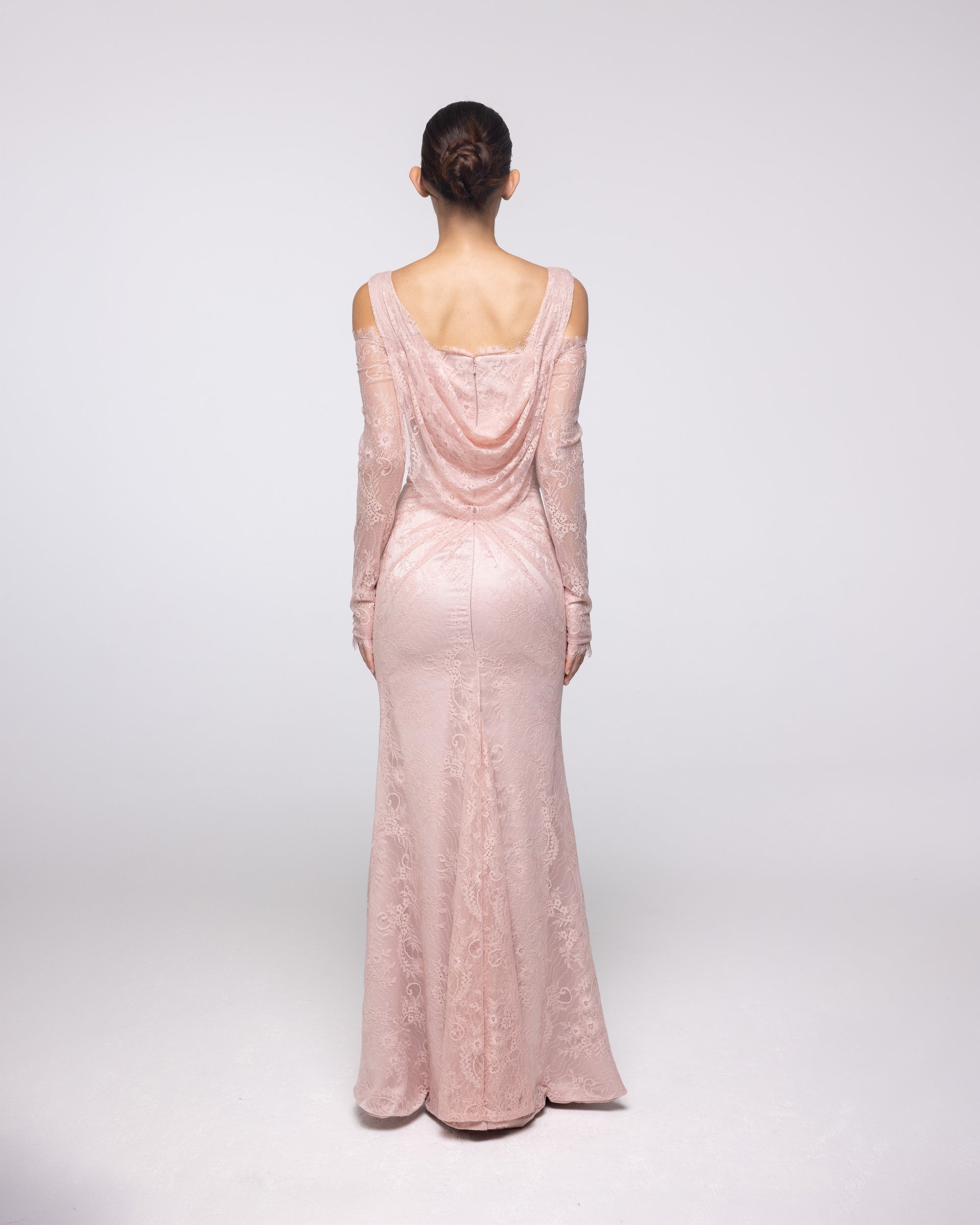 Gaia Blush Embroidered Lace Cowl Gown, back view | Helen of Troy SS27 | Maison MOOEi