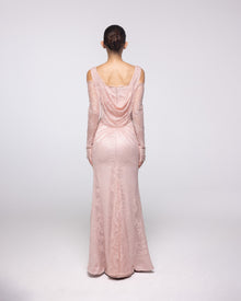 Gaia Blush Embroidered Lace Cowl Gown, back view | Helen of Troy SS27 | Maison MOOEi