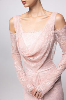 Gaia Blush Embroidered Lace Cowl Gown, close up detail | Helen of Troy SS27 | Maison MOOEi