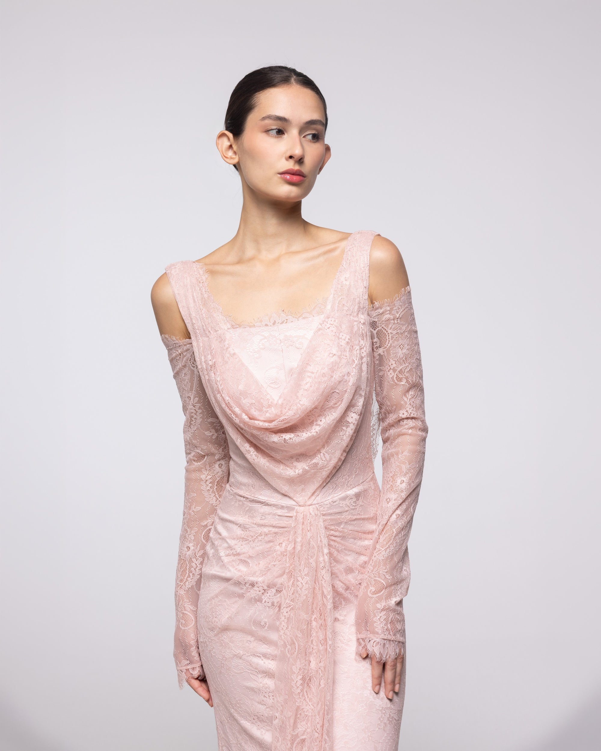 Gaia Blush Embroidered Lace Cowl Gown, close up detail | Helen of Troy SS27 | Maison MOOEi