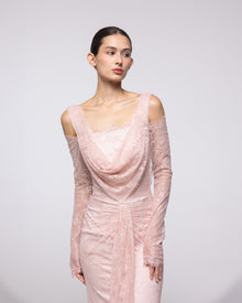 Gaia Blush Embroidered Lace Cowl Gown, close up detail | Helen of Troy SS27 | Maison MOOEi